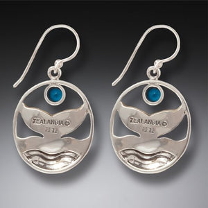"Whale Song" Fossilized Mammoth Tusk, Silver and Blue Topaz Whale Tail Earrings