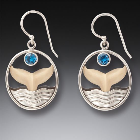 "Whale Song" Fossilized Mammoth Tusk, Silver and Blue Topaz Whale Tail Earrings