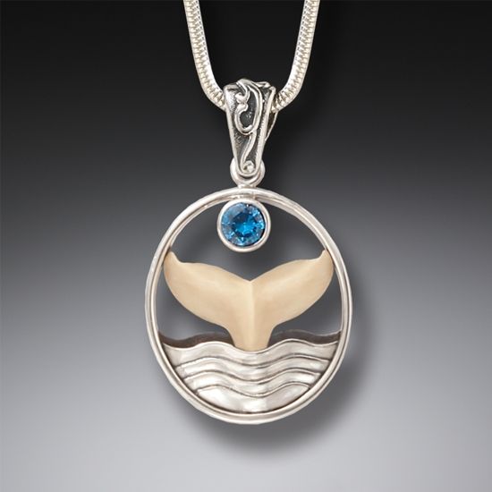 "Whale Song" Fossilized Mammoth Tusk, Silver, Blue Topaz Whale Tail Pendant