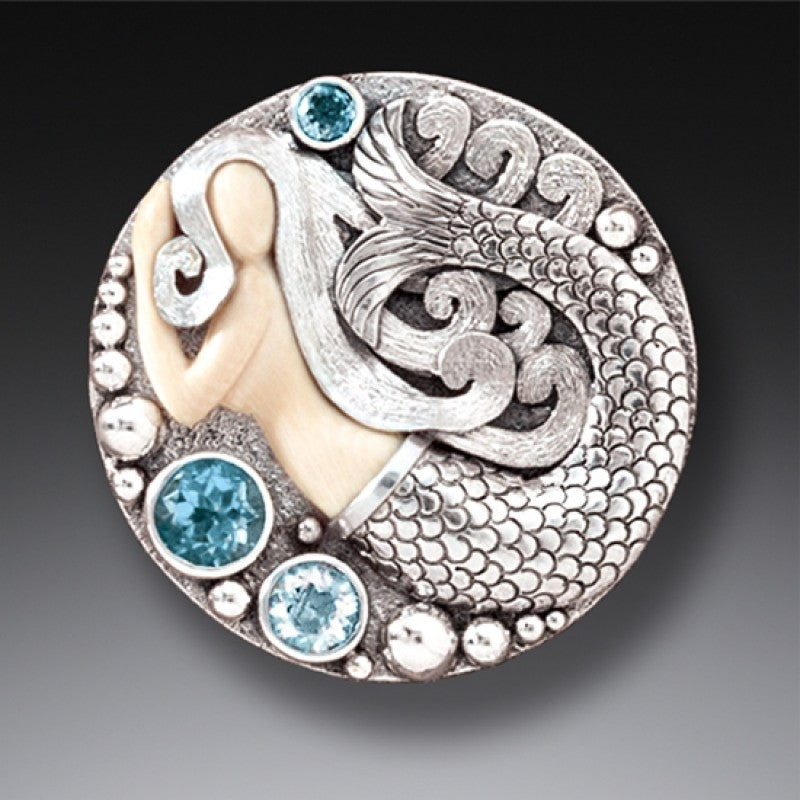 "Mermaid Medallion" Ancient Mammoth Tusk, Blue Topaz and Rainbow Moonstone Silver Pin or Pendant