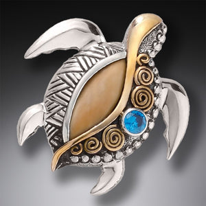 "Jeweled Turtle" Ancient Fossilized Walrus Ivory Tusk, Blue Topaz, 14KT Gold Fill and Sterling Silver Pin or Pendant