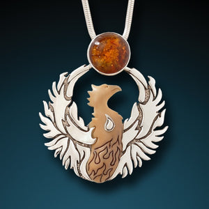 "Phoenix Rising" Fossilized Walrus Tusk, Amber and Sterling Silver Pendant